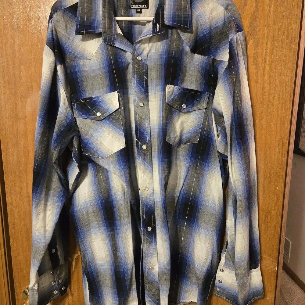 Blue and White Plaid Button-Up Shirt
